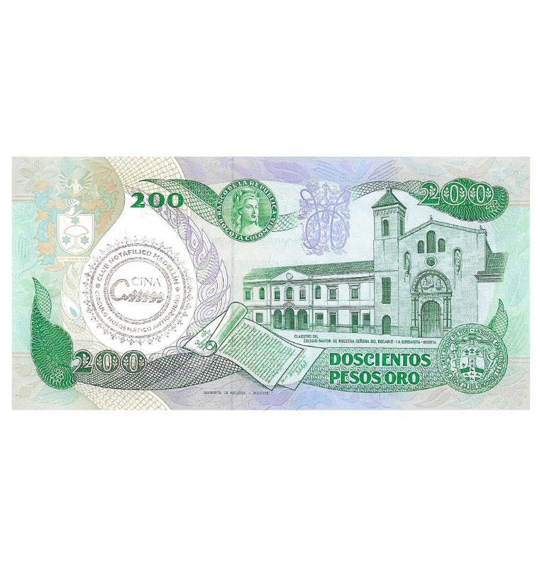 Colombia 200 Pesos Oro 1985 Número bajo 3 dígitos 346 (Tiene un sello)
